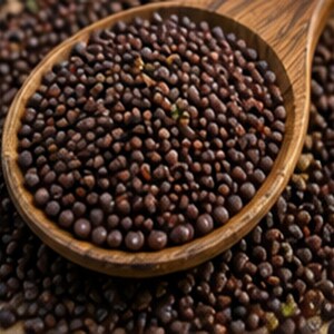 Puede incluir: Una cuchara de madera llena de peque&ntilde;as semillas de mostaza redondas de color marr&oacute;n oscuro. Las semillas est&aacute;n amontonadas en el cuenco de la cuchara, con semillas sueltas esparcidas alrededor de la base, creando una textura de tonos tierra.