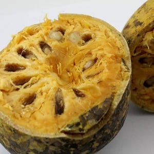 Pu&ograve; includere: Un frutto di bael tagliato a met&agrave; che mostra una polpa fibrosa giallo oro con semi incorporati. La buccia esterna &egrave; un guscio legnoso e strutturato di colore giallo brunastro. Una seconda porzione del frutto &egrave; visibile sullo sfondo, mostrando la stessa struttura interna e una spessa pelle protettiva.