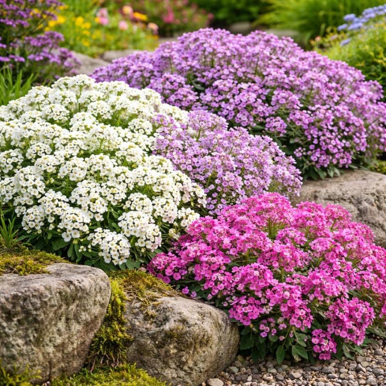 K&ouml;nnte beinhalten: Eine Ansammlung von bl&uuml;henden Pflanzen mit dichten Polstern aus kleinen, vierbl&auml;ttrigen Bl&uuml;ten in Wei&szlig;, Helllila und leuchtendem Pink. Die Pflanzen sind zwischen gro&szlig;en, strukturierten grauen Felsen mit gr&uuml;nen Moosflecken eingebettet.