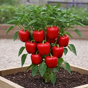 Puede incluir: Una planta de pimiento morr&oacute;n vibrante que crece en una jardinera de madera. La planta presenta numerosos pimientos rojos brillantes que cuelgan de tallos verdes robustos, rodeados de hojas verdes puntiagudas en un jard&iacute;n.