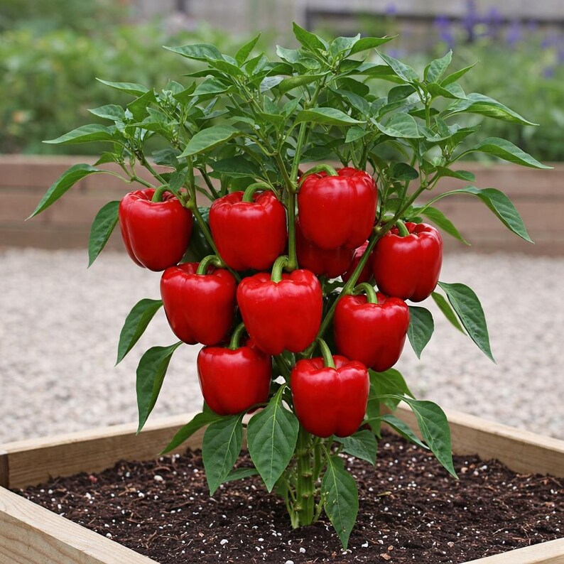 Puede incluir: Una planta de pimiento morr&oacute;n vibrante que crece en una jardinera de madera. La planta presenta numerosos pimientos rojos brillantes que cuelgan de tallos verdes robustos, rodeados de hojas verdes puntiagudas en un jard&iacute;n.