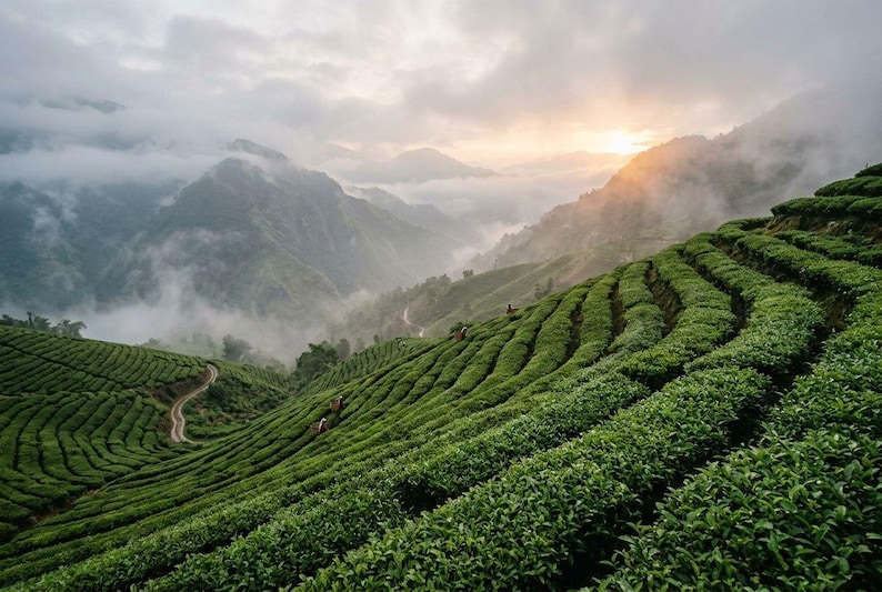 May include: A vast, terraced tea plantation with vibrant green rows of tea bushes following the contours of rolling hills. The landscape is partially shrouded in low-hanging clouds and mist, with the sun rising over distant mountain peaks.