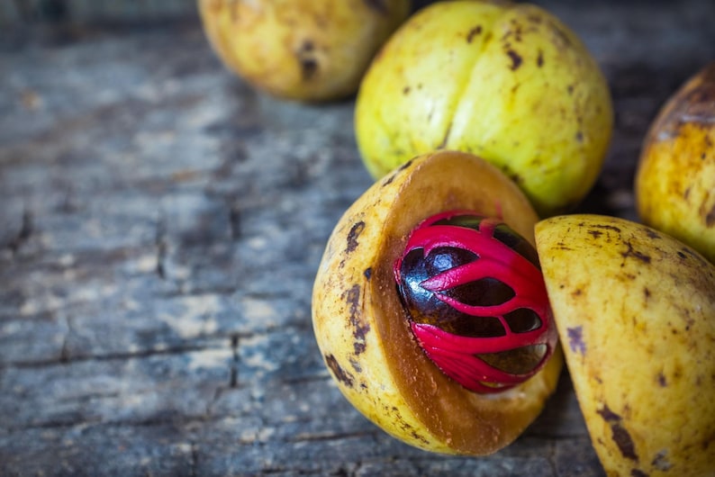 Puede incluir: Varios frutos de nuez moscada con c&aacute;scaras exteriores amarillas y texturizadas. Un fruto est&aacute; abierto para revelar una semilla de color marr&oacute;n oscuro parcialmente envuelta en un arilo rojo brillante, que contrasta con el interior amarillo p&aacute;lido.