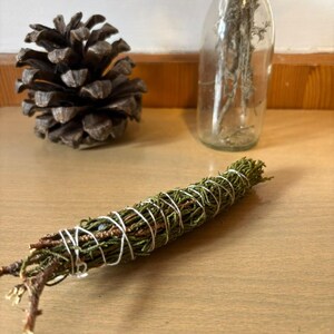 May include: A bundle of dried green cedar needles and small twigs wrapped tightly with thin white string. The bundle is positioned horizontally in the foreground, with a brown pinecone and a clear glass bottle containing dried stems behind it.