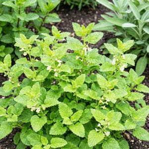 May include: A lemon balm plant with bright green, serrated, ovate leaves and small, pale yellow flowers growing in dark soil. The plant features a bushy, upright growth habit with multiple stems and textured foliage throughout the garden bed.