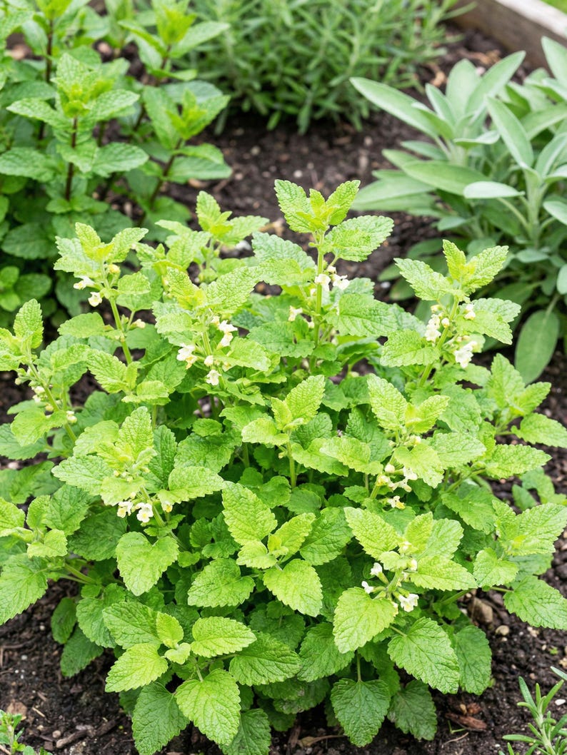 May include: A lemon balm plant with bright green, serrated, ovate leaves and small, pale yellow flowers growing in dark soil. The plant features a bushy, upright growth habit with multiple stems and textured foliage throughout the garden bed.