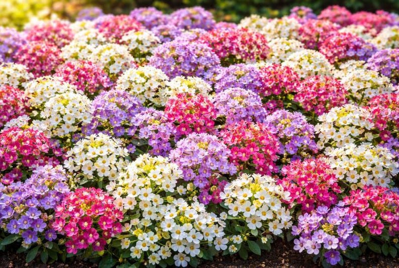 K&ouml;nnte beinhalten: Eine dichte Ansammlung von Eisenkrautbl&uuml;ten mit einer lebendigen Mischung aus wei&szlig;en, rosa, magentafarbenen und violetten Bl&uuml;ten. Jede kleine Bl&uuml;te hat f&uuml;nf Bl&uuml;tenbl&auml;tter und eine gelbe Mitte, die abgerundete K&ouml;pfe &uuml;ber dem Laub bilden.