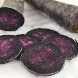 Puede incluir: Una zanahoria negra entera y varias rodajas cortadas que muestran un interior de color p&uacute;rpura oscuro. La piel exterior de la zanahoria es de un color p&uacute;rpura negruzco profundo, mientras que la secci&oacute;n transversal revela un n&uacute;cleo p&uacute;rpura brillante.