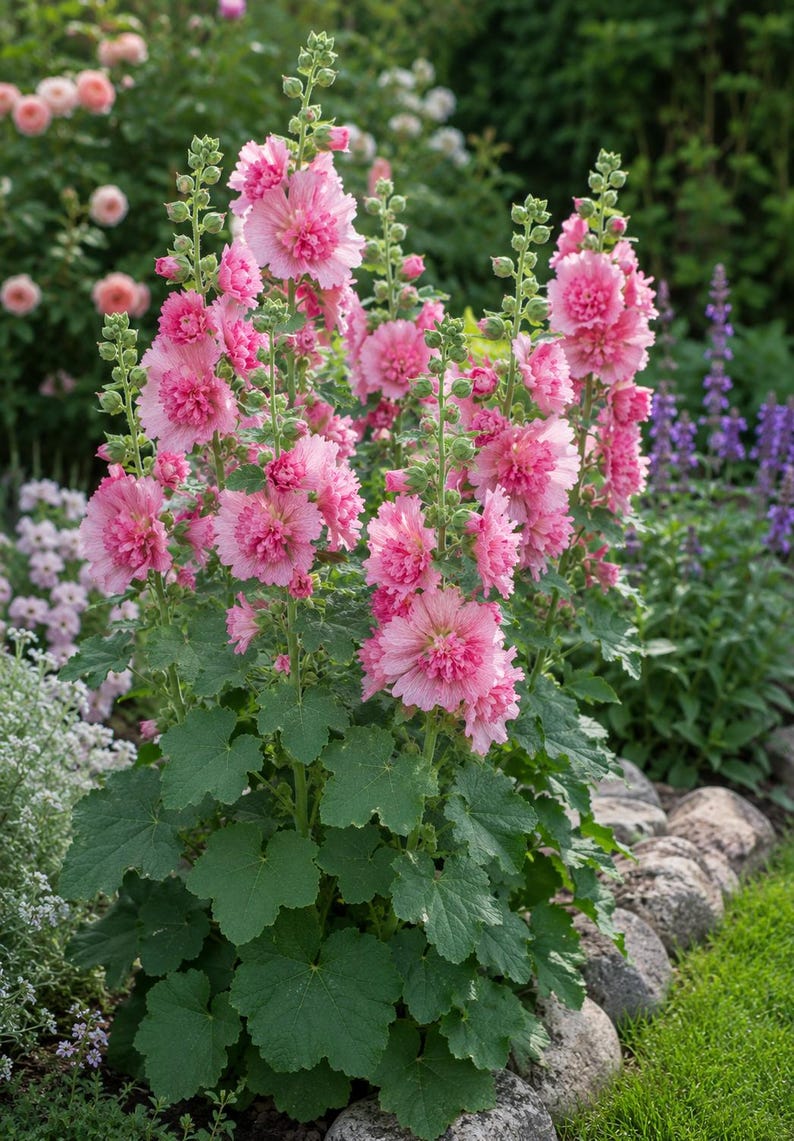 Peut inclure: Des roses tr&eacute;mi&egrave;res hautes dot&eacute;es de multiples tiges avec des fleurs rose clair denses et fris&eacute;es ainsi que de nombreux boutons verts. Les plantes pr&eacute;sentent de grandes feuilles lob&eacute;es vert fonc&eacute; &agrave; la base, dans un jardin.