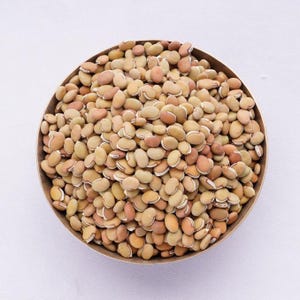 Puede incluir: Un cuenco met&aacute;lico redondo lleno de una gran cantidad de frijoles secos de forma ovalada. Los frijoles presentan una variedad de tonos tierra, que van desde el beige claro y el bronceado hasta el marr&oacute;n rojizo, cada uno con una l&iacute;nea blanca.
