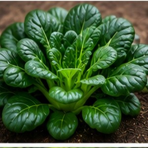 Puede incluir: Una planta de Tatsoi que presenta una roseta densa de hojas de color verde oscuro en forma de cuchara con venas de color verde claro prominentes. La planta tiene una estructura compacta y baja con follaje superpuesto que irradia desde un punto central.