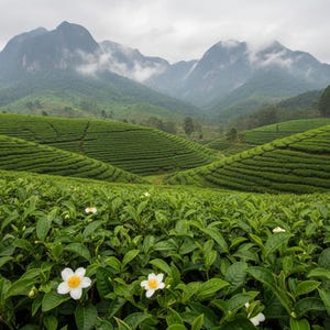 May include: A vast tea plantation featuring rows of vibrant green tea bushes with small white flowers in the foreground, set against a backdrop of rolling hills and towering, mist-covered mountains under a cloudy, overcast sky.