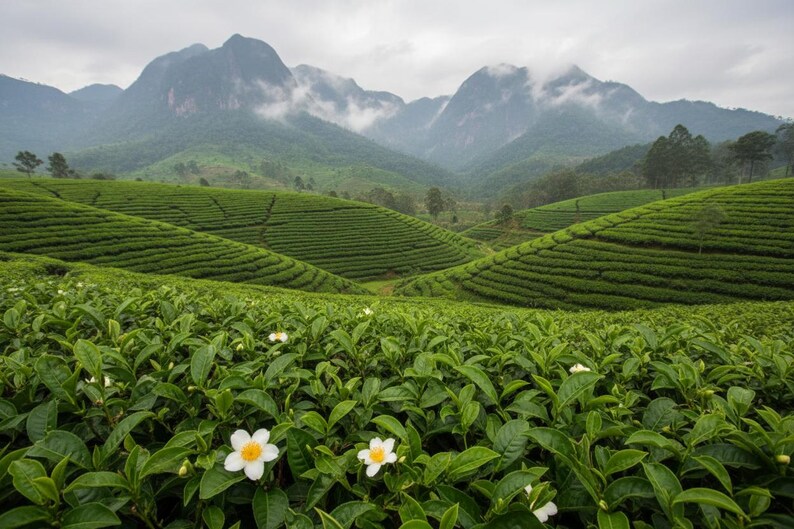 May include: A vast tea plantation featuring rows of vibrant green tea bushes with small white flowers in the foreground, set against a backdrop of rolling hills and towering, mist-covered mountains under a cloudy, overcast sky.