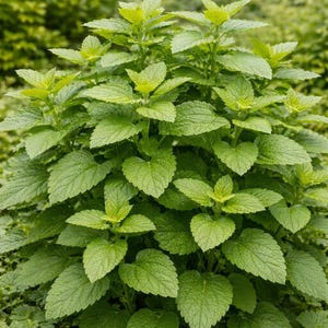 May include: A lush lemon balm plant featuring vibrant green, heart-shaped leaves with serrated edges. The plant displays a dense, bushy growth pattern with multiple stems branching upwards, showcasing a textured surface on each individual leaf.