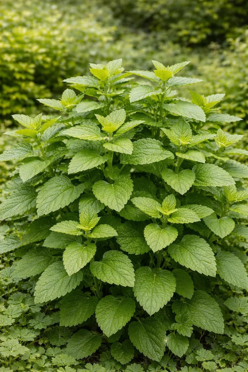 May include: A lush lemon balm plant featuring vibrant green, heart-shaped leaves with serrated edges. The plant displays a dense, bushy growth pattern with multiple stems branching upwards, showcasing a textured surface on each individual leaf.