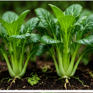 Puede incluir: Dos plantas de bok choy creciendo en tierra oscura. Cada planta presenta un grupo de tallos gruesos de color verde p&aacute;lido que se transforman en hojas anchas, lisas y de color verde oscuro. Las plantas est&aacute;n erguidas con ra&iacute;ces visibles.