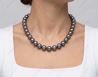 Collier de perles de Tahiti gris noir, fermoir diamant, alliage, perles de 12 mm, 40,4 cm