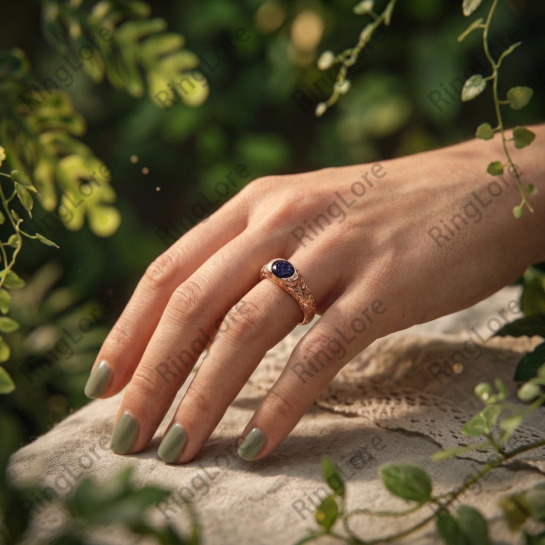 Vintage Engraved Blue Sandstone Ring, Gold Vermeil Oval Galaxy ...