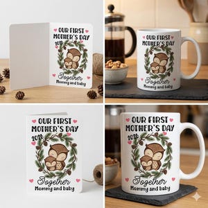 May include: A white mug and greeting card with the text "OUR FIRST MOTHER'S DAY 2026" and "Together Mommy and baby". The design features two owls inside a wreath of pine needles and pinecones.