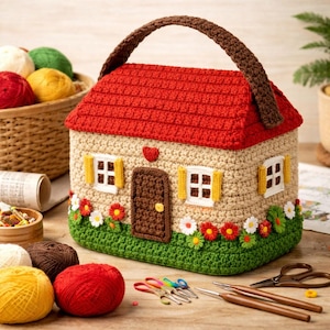 Pode incluir: Uma bolsa em forma de casa de crochê com telhado vermelho, paredes bege e porta marrom. A bolsa apresenta janelas com molduras amarelas, uma base verde com detalhes florais e uma alça marrom. Fios e materiais de artesanato no fundo.