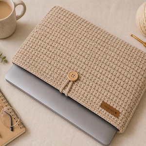 Könnte beinhalten: Beige gehäkelte Laptoptasche mit Holzknopfverschluss und kleinem "Handmade"-Etikett. Die Tasche ist für einen Laptop konzipiert. Eine Tasse Kaffee, ein Notizbuch und eine Brille sind ebenfalls zu sehen.