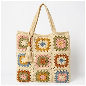 Patroon gehaakte boho-oma vierkante tas (pdf), zelfstudie draagtas voor beginners, portemonnee in vintage-stijl