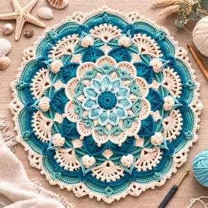 Könnte beinhalten: Handgefertigte, runde Häkeldecke in Türkis-, Türkis- und Cremetönen. Das aufwendige Design zeigt ein zentrales Blumenmotiv, das von Schichten detaillierter Muster umgeben ist. Die Decke hat einen Durchmesser von ca. 46 cm, perfekt für die Inneneinrichtung.