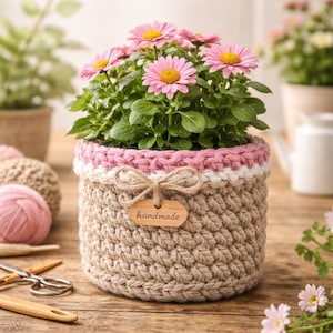 May include: A handmade, beige crochet basket with a pink and white trim, holding a flowering plant with pink petals and yellow centers. A wooden tag with the word "handmade" hangs from a twine bow. The basket is on a wooden surface.