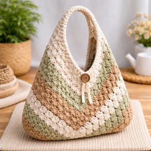 May include: A handmade crochet handbag in a hobo style. The bag features a striped pattern in cream, green, and brown. A wooden button secures the opening. The bag is sitting on a beige mat on a wooden surface.