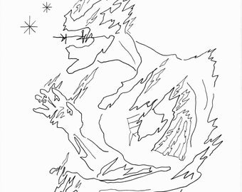 Original Drawing,  Abstract Figure And Flame, Pen on A4 Paper