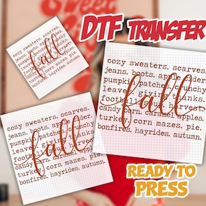 May include: A DTF transfer sheet featuring a grid pattern background with the word fall written in a large, cursive, dark orange script. The text lists cozy sweaters, scarves, jeans, boots, apple cider, pumpkin patches, crunchy leaves, giving thanks, football, harvest, candy corn, caramel apples, turkey, corn mazes, pie, bonfires, hayrides, and autumn.