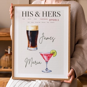Impresión personalizada de cóctel para él y para ella, póster de bebida para enamorados, arte de pared para bar, regalo romántico, descarga digital