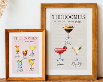 Custom Roomies Drink Print, Roommates as Drinks, Trendy College Apartment Dorm Art, Bar Cart Decor, Cocktail Poster, Personalized Wall Art