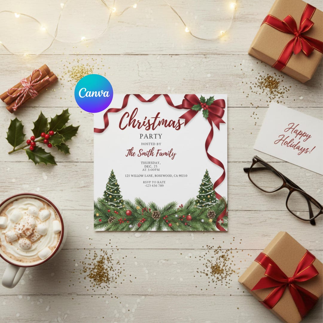 Editable Christmas Party Invitation Template, Festive Holiday Invite ...
