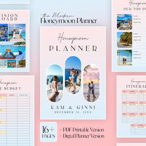 May include: A digital honeymoon planner with a pink and blue gradient background. The cover features the title "Honeymoon Planner" and a photo collage. Additional pages include a vision board, budget, itinerary, and top picks.