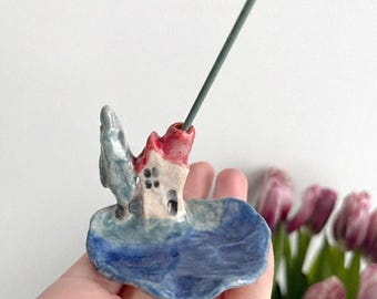 Quemador de incienso de cerámica hecho a mano, estilo cottagecore, regalo de decoración para el hogar.