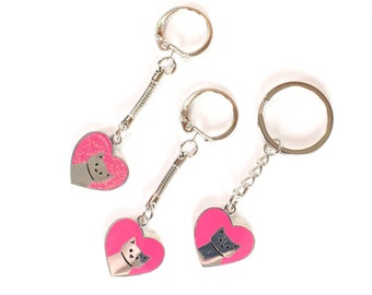 Valentines Heart Love Cat - Keyring / Key Chain - Glitter Sparkly