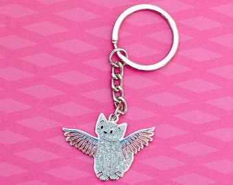 Angel Cat - Keyring / Key Chain - Glitter Sparkly