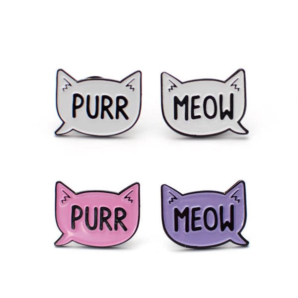 Meow and Purr Enamel Cat Pins - one pair