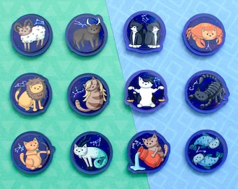 Zodiac Cat Acrylic Pin Badge - Ram, Leeuw, Boogschutter, Stier, Maagd, Steenbok, Tweelingen, Weegschaal, Waterman, Kreeft, Schorpioen, Vissen