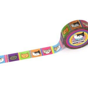 May include: A roll of colorful washi tape with a repeating pattern of cat faces. The tape is partially unrolled, revealing the design. The roll is labeled "DoodleCats Washi Tape".