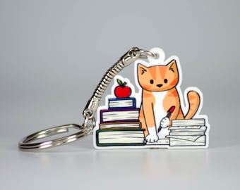 Teacher Cat - Keyring / Key Chain - recycled eco acrylic - teacher tutor lecturer