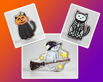 Spooky Halloween Cat - Metal Pin - Skeleton / Pumpkin / Witch