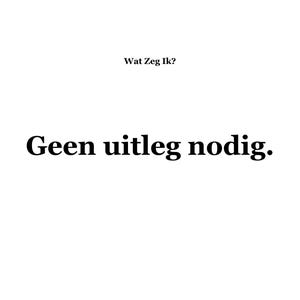 May include: A minimalist design with the text "Wat Zeg Ik?" above and "Geen uitleg nodig." below, all in a bold, black font against a white background. The text translates to "What do I say?" and "No explanation needed."