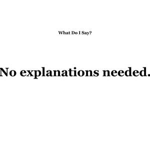 May include: A white background with the text "What Do I Say?" above the phrase "No explanations needed." in a bold, sans-serif font. The text is centered.