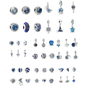 Può includere: Una collezione di ciondoli e pendenti argentati e blu. I ciondoli presentano vari disegni, tra cui perline, stelle, farfalle e altri elementi decorativi. La tavolozza dei colori è principalmente argento e sfumature di blu.