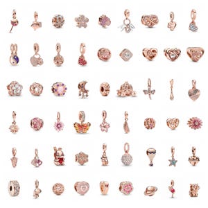 Könnte beinhalten: Sammlung von roségoldenen Charms mit verschiedenen Designs, darunter Herzen, Blumen und geometrische Formen. Einige Charms weisen glitzernde Kristalle auf, während andere aufwendige Details haben. Die Charms sind für Armbänder oder Halsketten konzipiert.