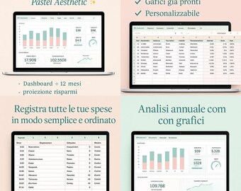 Peut inclure: Un planificateur budgétaire Excel affiché sur quatre écrans d'ordinateur portable, avec une palette de couleurs pastel, des tableaux de bord de données avec graphiques à barres, des tableaux financiers et des projections d'épargne. L'interface inclut des totaux automatisés et des graphiques.