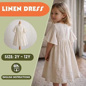 Wykrój na sukienkę lnianą dla dziewczynki, rozkloszowane rękawy, marszczona talia, długość do kolan, luźne rękawy, zapięcie na zamek błyskawiczny