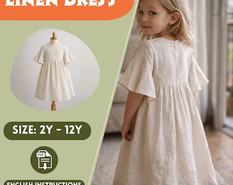 Linen Girl Dress Sewing Pattern, Flared Sleeve, Gathered High Waist, Knee Length, Flowy Sleeve, Zipper Closure